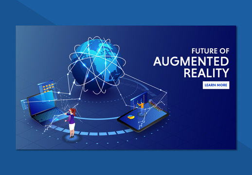 Future Of Augmented Reality Landing Page Design With Analysts Data Analysis Stats In Website Connected Global Networking.