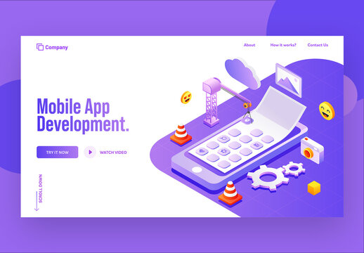 Isometric Multiple Apps Under Maintenance By Tower Crane In Smartphone Screen For Mobile App Development Concept Based Landing Page.