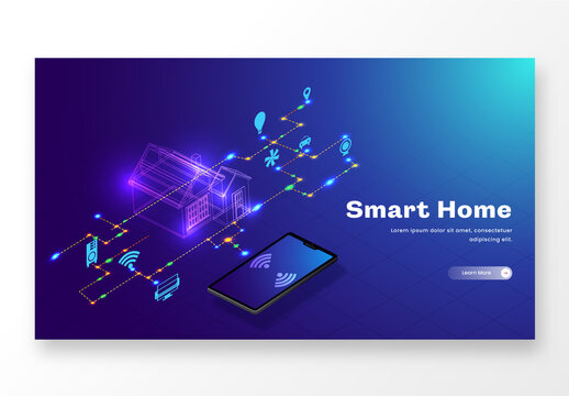Web Banner or Landing Page Design with Smart Home Automation System Control From Smartphone Connected Wifi.