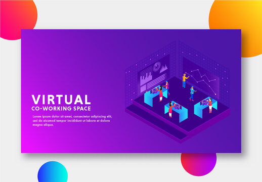 Virtual Co-Working Space Landing Page with Business People Performing Same Task at Different Workplace.