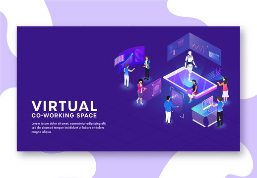 Virtual Co-Working Space Landing Page with Analysts Analysis Data Through VR Glasses and Humanoid Robot at Distant Place.