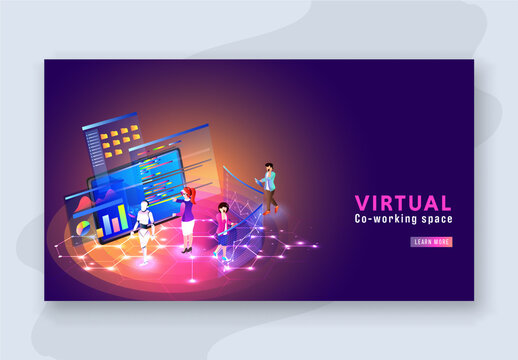 Virtual Co-Working Space Landing Page Design with Co-Worker Characters, Humanoid Robot and Analysis Screens.