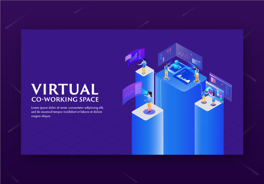Virtual Co-Working Space Landing Page Design with Business People Working at Different Platform in Isometric Style.
