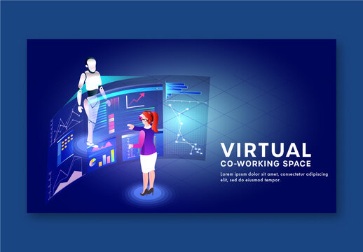 Virtual Co-Working Space Landing Page Design with Businesswoman Analysis Data or Stats of a Humanoid Robot Through VR Glasses.
