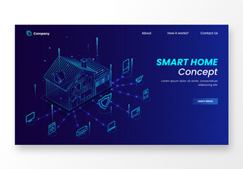 Responsive Landing Page Design with Blue Line Art Smart Home Automation System in Light Effect.