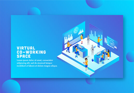 Responsive Landing Page Design, Analysts Performing Same Task from Help of VR Glasses and Humanoid Robot on Virtual Co-Working Space Platform.
