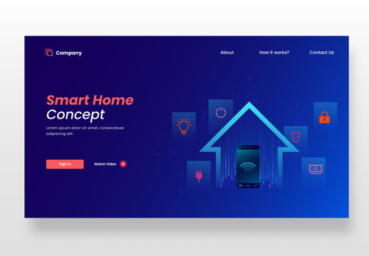 Responsive Landing Page Design with Smart Home Connected Internet of Things on Blue Background.