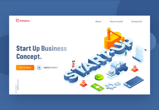 Startup Business Concept Based Landing Page with 3D Text, Tower Crane and Business People Working Together.