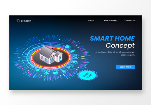 Responsive Landing Page Design with Smart Home Automation System on Digital Blue Background.