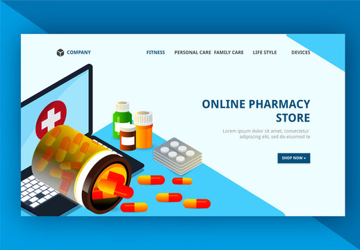 Responsive Landing Page Design with Online Pharmacy Store App in Laptop and Medicines.