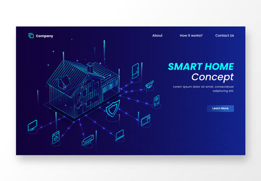 Responsive Landing Page Design with Blue Line Art Smart Home Automation System in Light Effect.