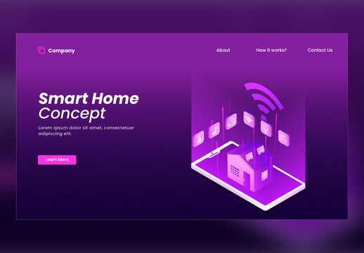 Responsive Landing Page Design with Isometric Smart Home App in Smartphone Connected Wifi on Purple Background.