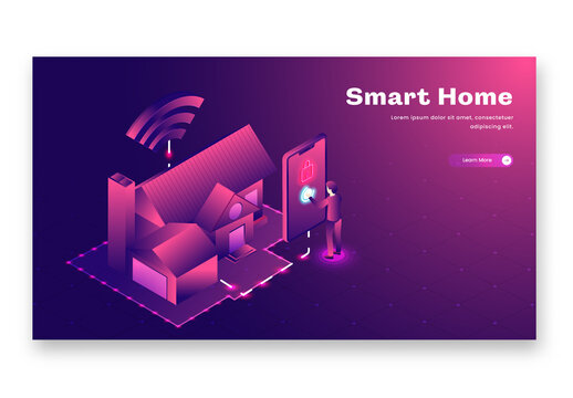 Responsive Landing Page Design with Miniature Man Opening Lock of Smart Home From Smartphone in Purple Color.