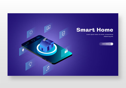 Responsive Landing Page Design with Isometric View of Smart Home Control System on Smartphone.