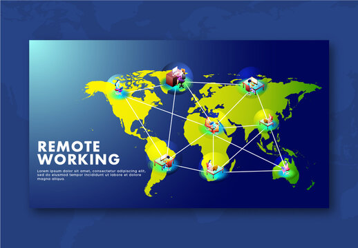 Remote Working Concept Based Landing Page with Multiple Business People at Distant Places Connected Each Other Through Internet on World Map.