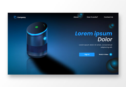 Responsive Landing Page Design in Blue Color with Realistic Smart Voice Assistant.