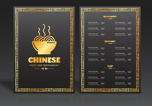 Chinese Food And Restaurant Menu Card Layout In Black And Golden Color.