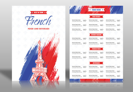 French Food And Beverage Menu Card Layout With Sticker Style Eiffel Tower, Red And Blue Brush Stroke Effect.