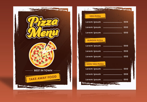 Pizza Menu Card Template Layout With Brown Brush Stroke Effect.