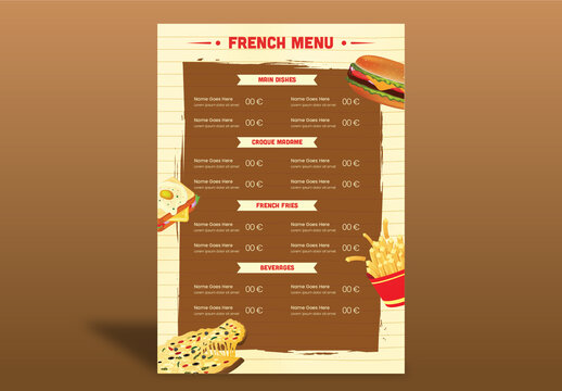 French Menu Card Template Layout With Fast Food Or Dishes Details.