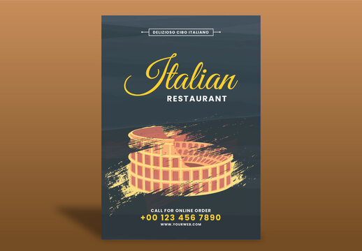 Italian Restaurant Brochure, Menu Card Template Layout with Brush Stroke Effect Colosseum.