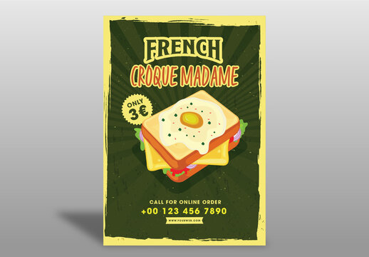 Vintage Style French Croque Madame Brochure, Menu Template in Green Color.