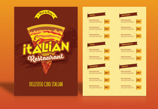 Italian Restaurant Menu Card Template Design in Burnt Red and Yellow Color.
