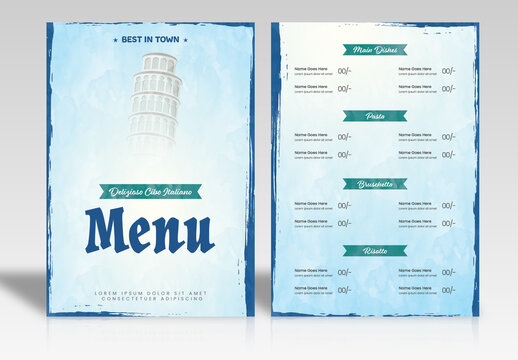 Italian Menu Card Template Layout with Image Placeholder in Brush Stroke Effect.