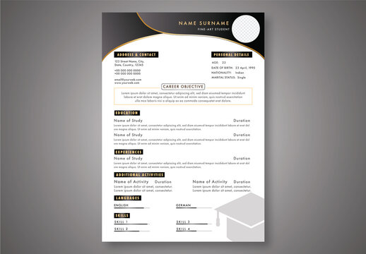 Resume Template Layout in Black and White Color with Image Placeholder.