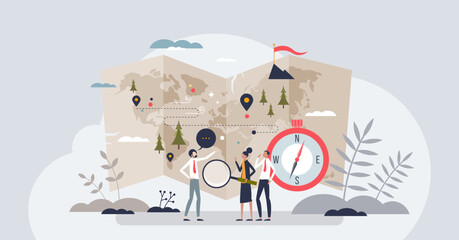 Navigating the project management odyssey and business tiny person concept. Journey with obstacles, challenges and difficulties to reach company targets and reach top objectives vector illustration.