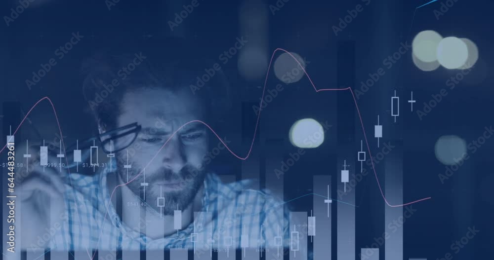 Poster animation of multiple graphs moving over stressed caucasian businessman working late in office