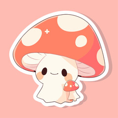 Cute cartoon red mushroom with white dots sticker for kids. Vector illustration isolated