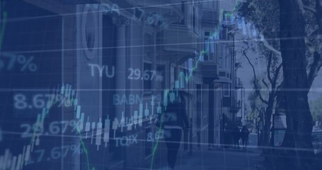 Animation of graphs and stock market data moving over rear view of caucasian woman walking on street