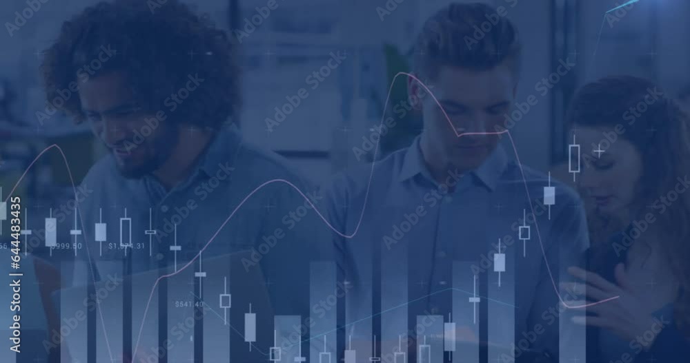Poster animation of multiple graphs moving over diverse colleagues discussing over tablet and laptop