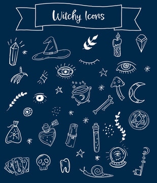 Witchy Object Doodle Icons White on a Midnight Blue Background