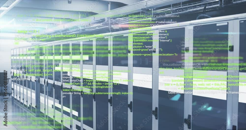 Poster animation of computer language and illuminated light moving on data server systems