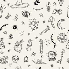 Witchy Doodled Illustrator Vector Seamless Pattern, Halloween, Mystic, Magic Icons