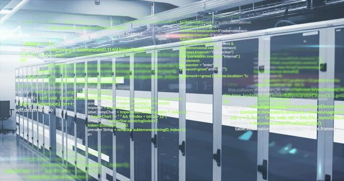 Animation of computer language and illuminated light moving on data server systems