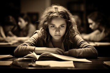 A girl sits with a textbook at a desk at school.
