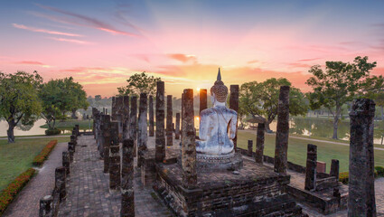 Wat Mahathat  Buddhist temple in Sukhothai historical park. UNESCO and World Heritage Site. Culture and vacation concept.