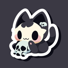 Halloween cute cat with skull. Black cats with a pumpkin, in costumes and with a potion. Flat vector illustration