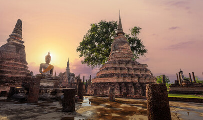 Wat Mahathat  Buddhist temple in Sukhothai historical park. UNESCO and World Heritage Site. Culture and vacation concept.