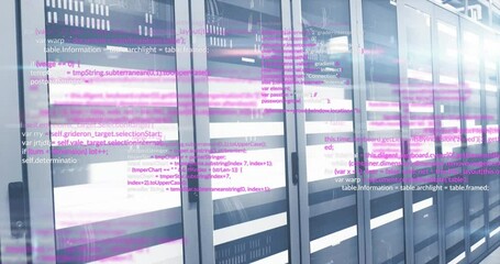 Animation of computer language and illuminated light moving on data server racks - Powered by Adobe