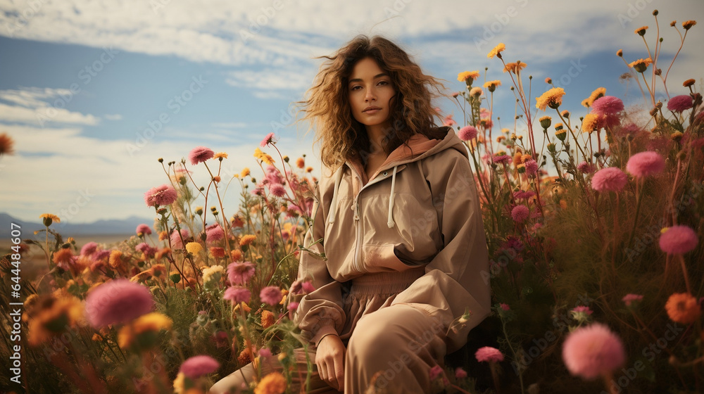 Poster girl in the field of flowers in a tracksuit