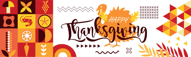 Happy thanksgiving day background with lettering typography . turkey bird and colors theme background and geometric abstract retro modern colorful  design. abstract modern design.