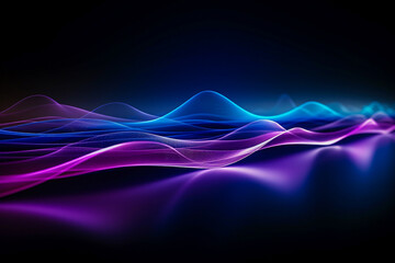 Abstract blue and purple illuminated smooth wavy curved lines, texture on dark technology background. Digital data visualization. Tech, business, science concept. AI generated illustration. - obrazy, fototapety, plakaty