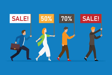 People walking with SALE banner 2d vector illustration concept for banner, website, landing page, flyer, etc