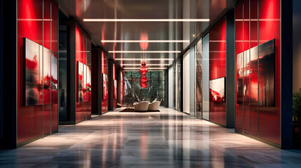 Sleek office corridors with artistic installations