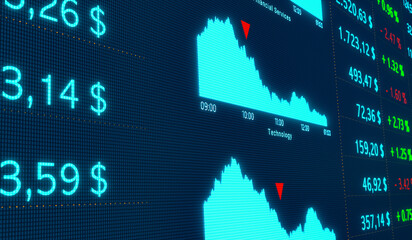 Fototapeta premium Close-up stock chart on the screen. Financial figures, percentage signs, charts and numbers. Trading, stock market and exchange, investment, market research. 3D illustration