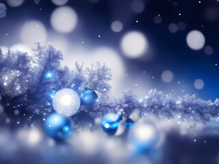 Blurred christmas bokeh, background with sparkls and glitter in blue and silver colors. New year greeting card, postcard with copyspace.
